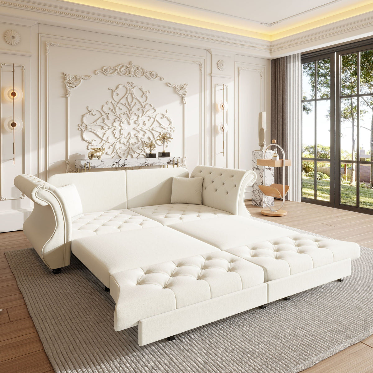 Oversized Chesterfield Pull Out Sofa Bed, Roll Arm Couch With Flower Tufting For Living Room