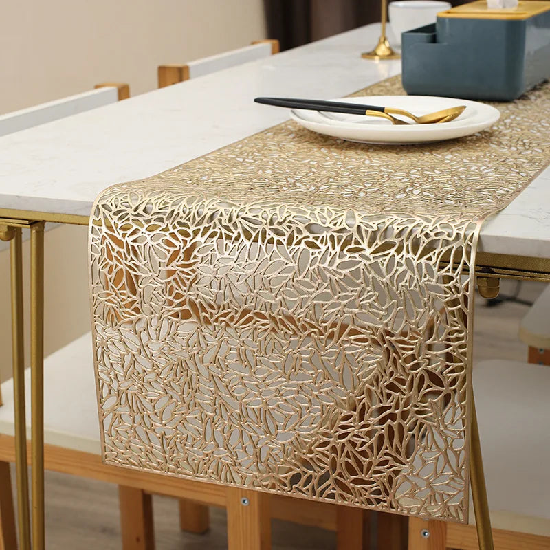 1.5m Hollowed-Out Metallic PVC Table Runner – Heat-Resistant Dining Table Mat