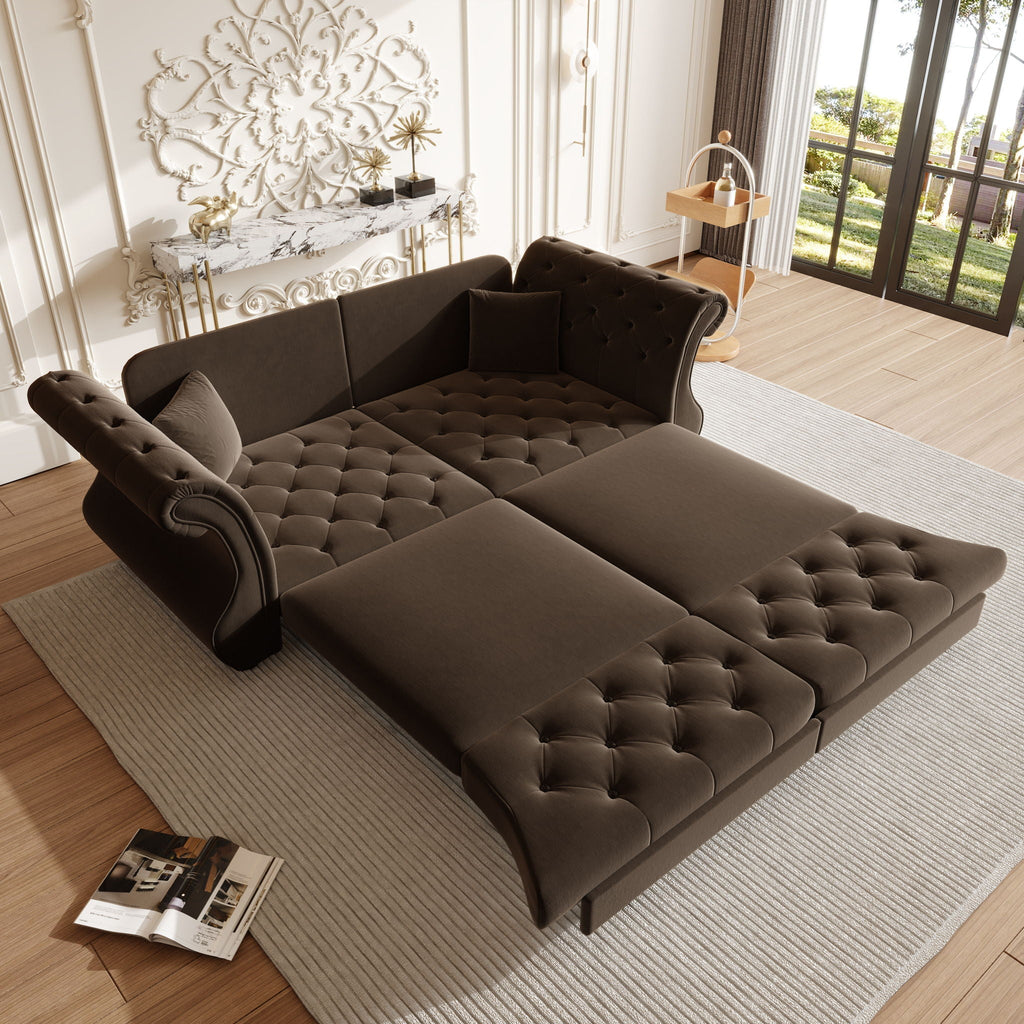Oversized Chesterfield Pull Out Sofa Bed, Roll Arm Couch With Flower Tufting For Living Room