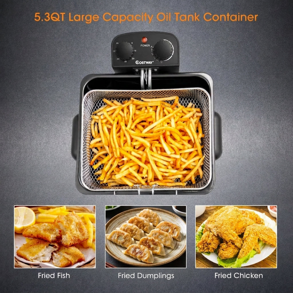 Electric Deep Fryer 5.3QT/21-Cup Stainless Steel 1700W with Triple Basket