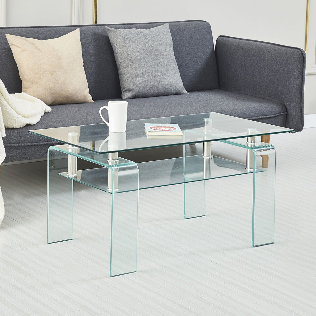 Modern Tempered Glass Coffee Table With 2 Tier Storage For Living Room