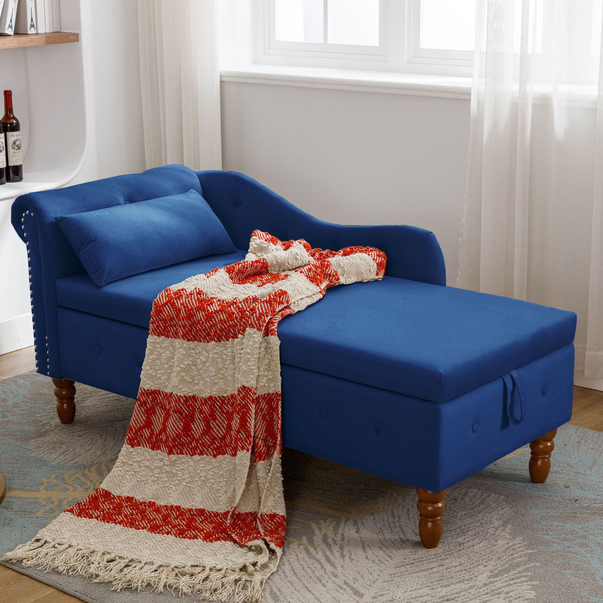Chaise Lounge Indoor, Lounge Chair For Bedroom With Storage & Pillow, Modern Upholstered Rolled Arm Chase Lounge For Sleeping With Nailhead Trim For Living Room Bedroom Office