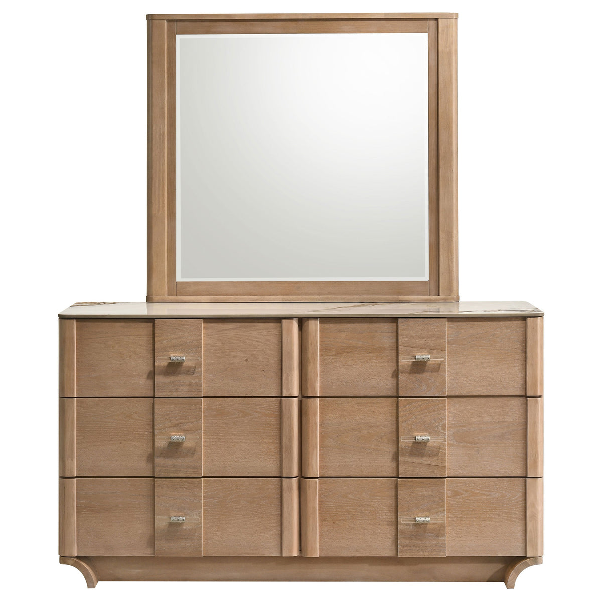 Leanne 6-drawer Sinter Stone Top Dresser and Mirror Light Oak