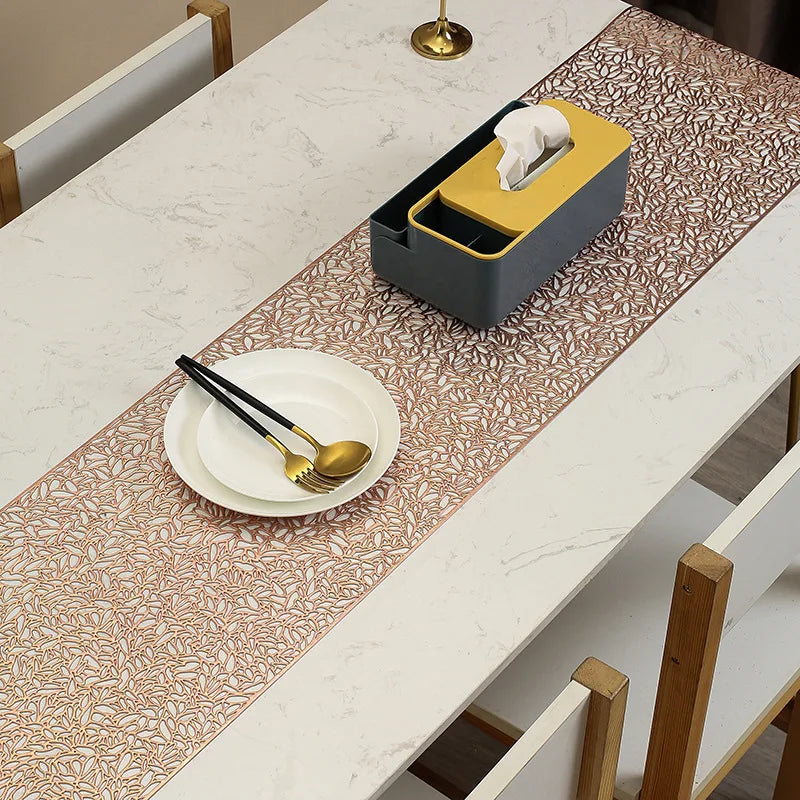 1.5m Hollowed-Out Metallic PVC Table Runner – Heat-Resistant Dining Table Mat