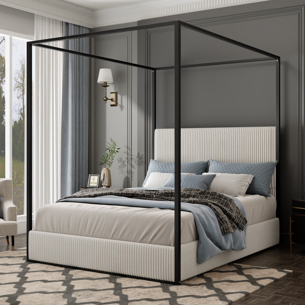 Modern Luxury Metal Canopy Bed with Tall Upholstered Headboard
