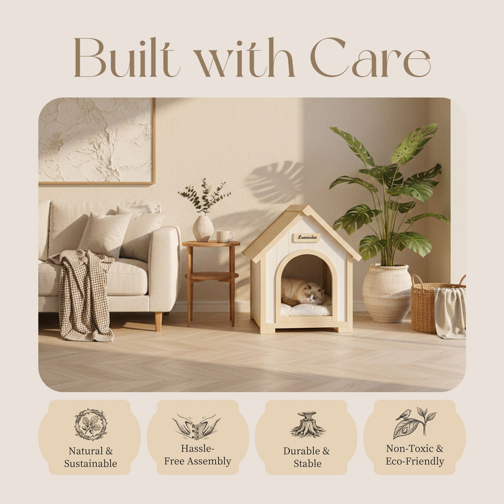 Indoor Dog House With Cushion Pet House For Small Dogs & Cats - Creamy White / Light Yellow