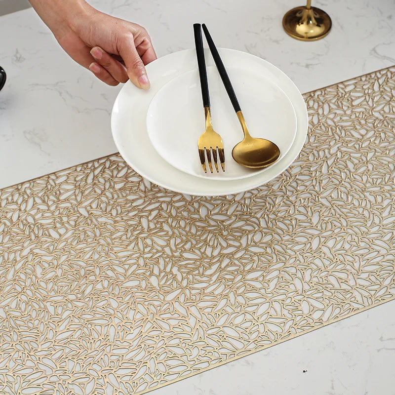 1.5m Hollowed-Out Metallic PVC Table Runner – Heat-Resistant Dining Table Mat