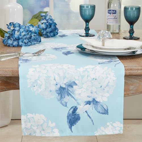 Fennco Styles Aqua Hydrangea Printed Table Runner 16" W x 54" L - Floral Design Table Cover