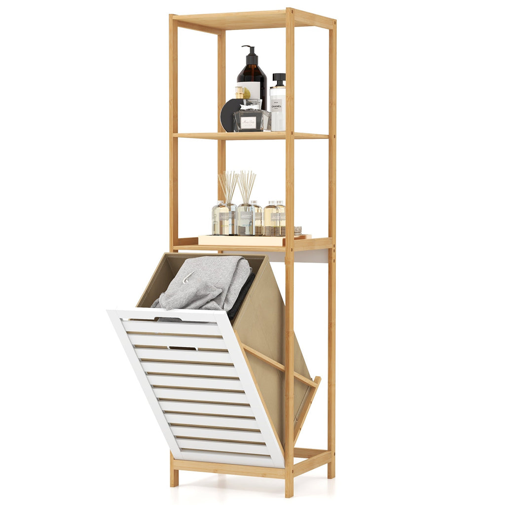 3-Tier Tilt-Out Laundry Hamper with Storage Shelves for Laundry Room-Natural and White