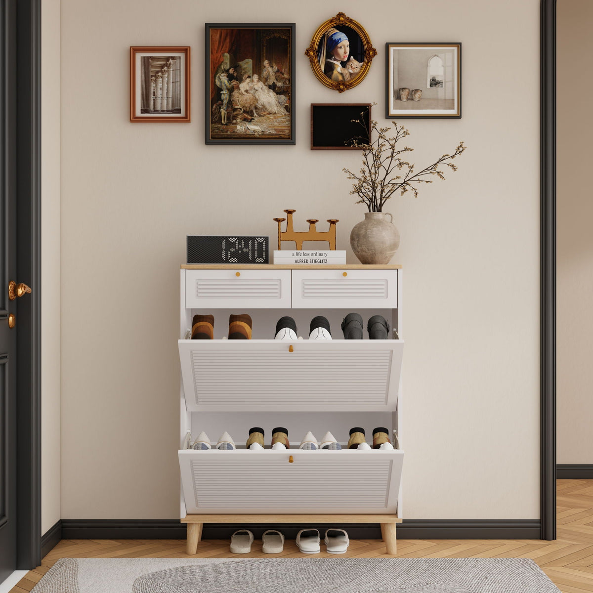 Modern Freestanding Shoe Cabinet With Flip Up Doors And Drawers, Compact Design For Entryway - White Natural