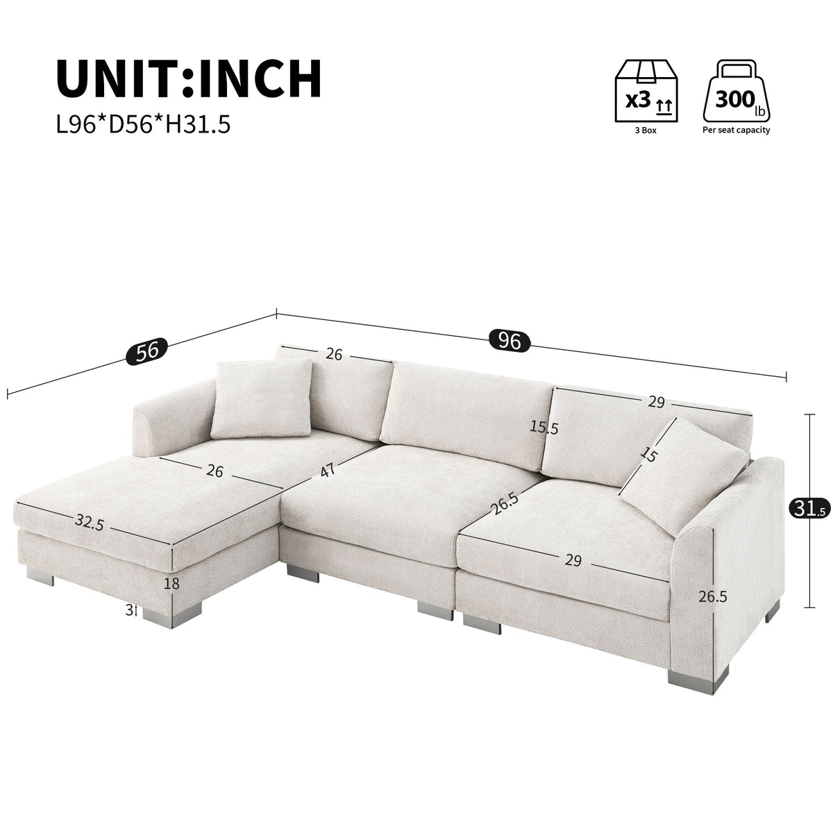 Modern Cloud Sectional Sofa L Shaped Luxury Couch Set With 2 Free Pillows 4 Seat With Oversized Chaise