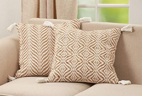 Fennco Styles Jute Cotton Woven Decorative Throw Pillow with Tassel 20" W x 20" L - Natural Cushion for Home Décor, Couch, Living Room, Bedroom