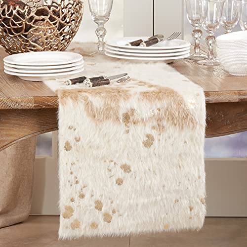 Fennco Styles Gold Metallic Faux Cowhide Table Runner 16" W x 72" L – Ivory Table Cover for Banquets, Family Gatherings,Special Events, Home Décor