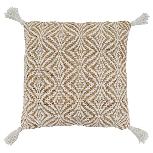Fennco Styles Jute Cotton Woven Decorative Throw Pillow with Tassel 20" W x 20" L - Natural Cushion for Home Décor, Couch, Living Room, Bedroom
