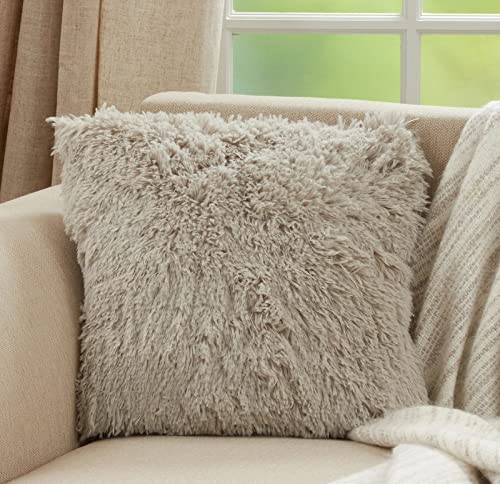 Fennco Styles Classic Faux Fur Decorative Throw Pillow Cover 18 x 18 Inch - Ivory Plush Cushion Case