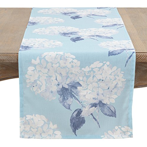 Fennco Styles Aqua Hydrangea Printed Table Runner 16" W x 54" L - Floral Design Table Cover