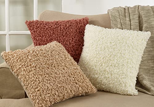 Fennco Styles Cozy Faux Lamb Fur Decorative Throw Pillow 18" W x 18" L – Ivory Cushion for Couch, Bedroom, Living Room and Office Décor