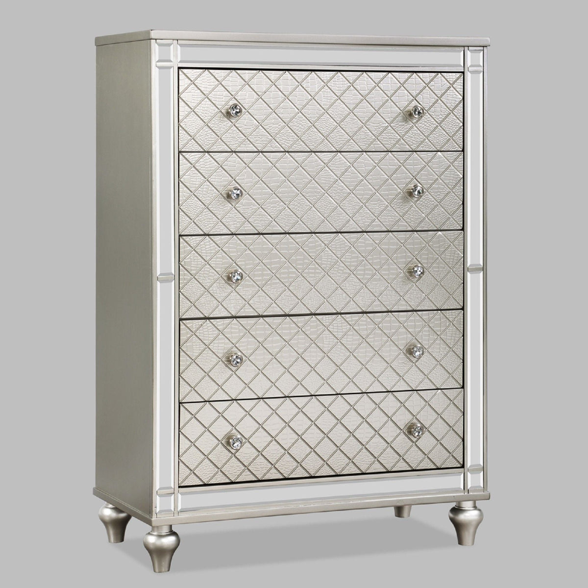 5 Drawer Bedroom Chest With Diamond Patterned Fronts - Silver