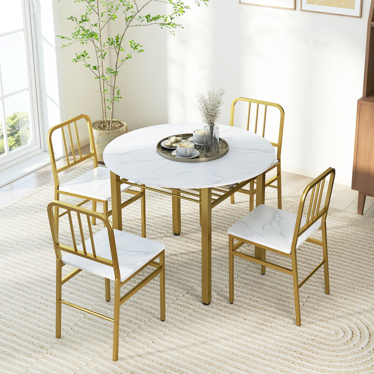 5-Piece Round Dining Table Set with Storage Shelf for Dining Room