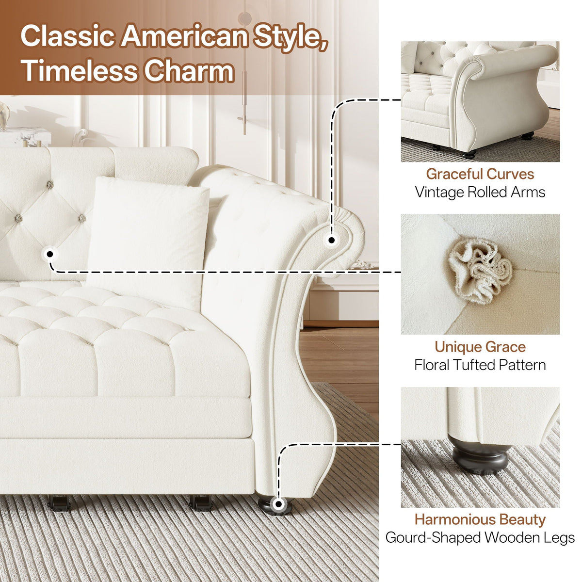 Oversized Chesterfield Pull Out Sofa Bed, Roll Arm Couch With Flower Tufting For Living Room