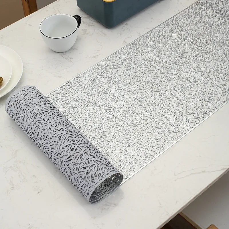 1.5m Hollowed-Out Metallic PVC Table Runner – Heat-Resistant Dining Table Mat