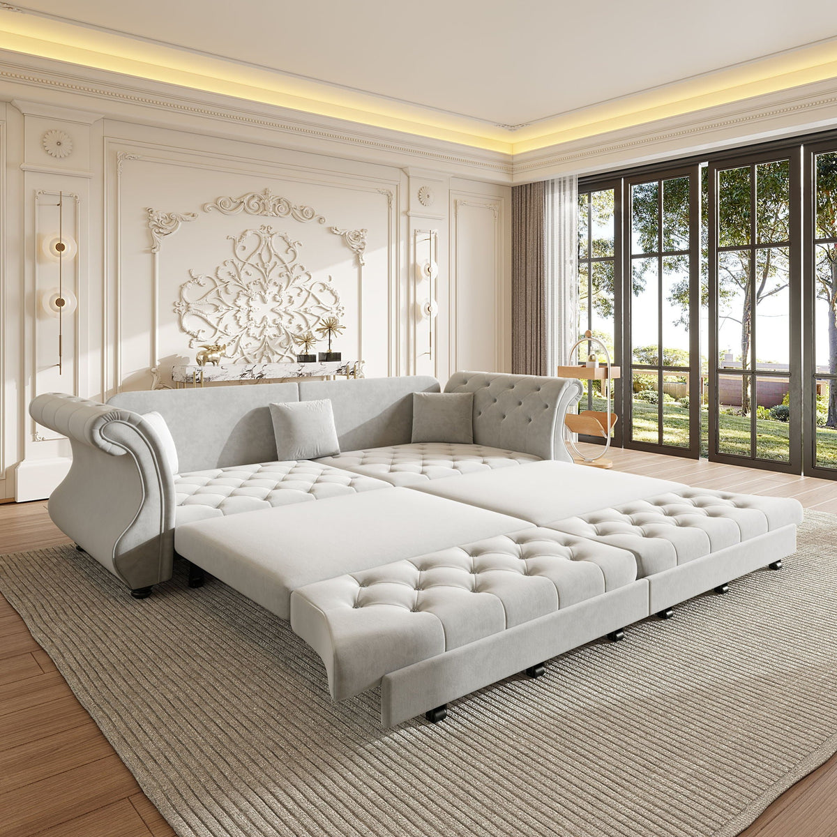 Oversized Chesterfield Pull Out Sofa Bed, Roll Arm Couch With Flower Tufting For Living Room