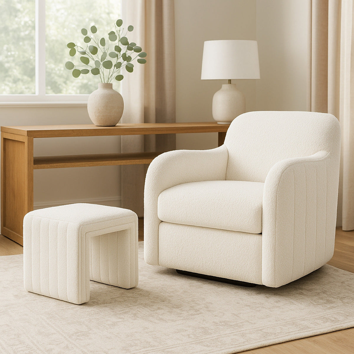 Ada Footstool Ottoman with Channel Tufting - Cream