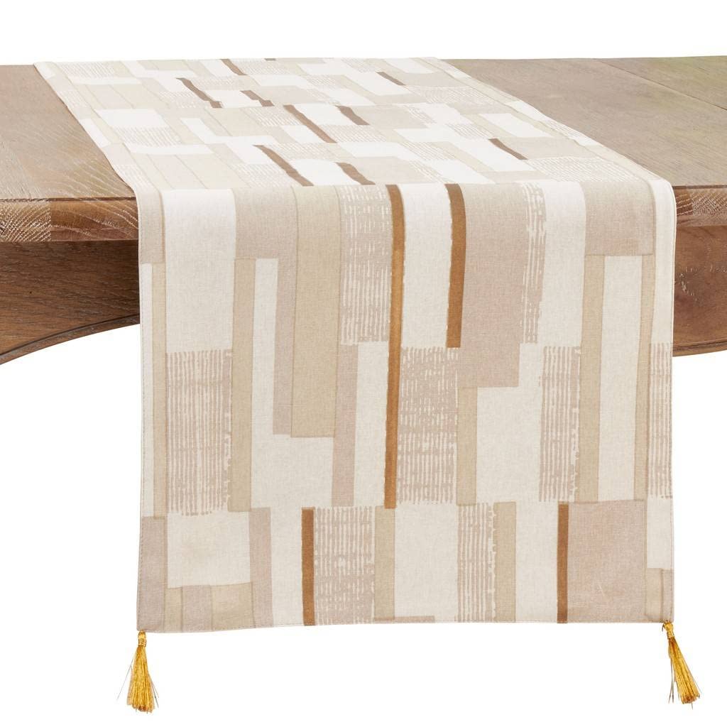 Fennco Styles Geometric Foil Print Cotton Woven Table Runner 16" W x 72" L - Gold Tassel Table Cover for Home Décor, Everyday Use, Banquets, Holidays, Family Gatherings and Special Occasion