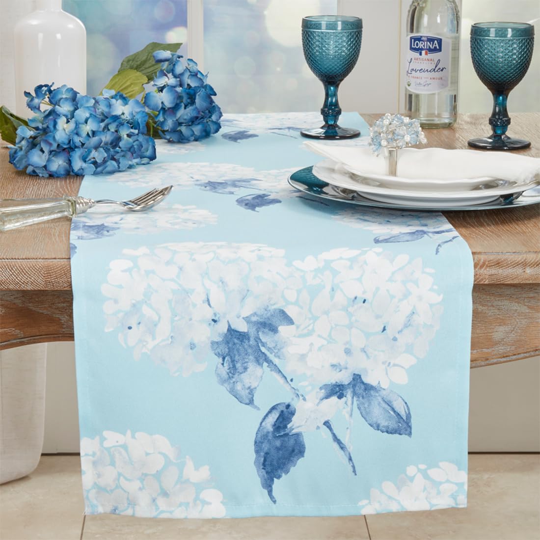 Fennco Styles Aqua Hydrangea Printed Table Runner 16" W x 54" L - Floral Design Table Cover