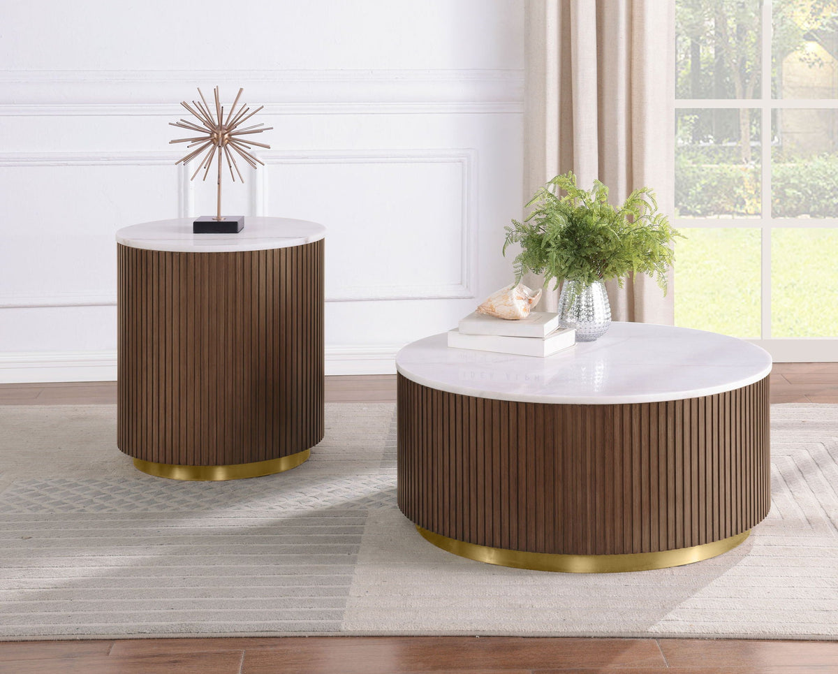 Jason 2-piece Round White Marble Coffee Table Set Honey Brown