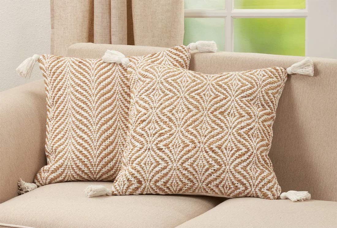 Fennco Styles Jute Cotton Woven Decorative Throw Pillow with Tassel 20" W x 20" L - Natural Cushion for Home Décor, Couch, Living Room, Bedroom