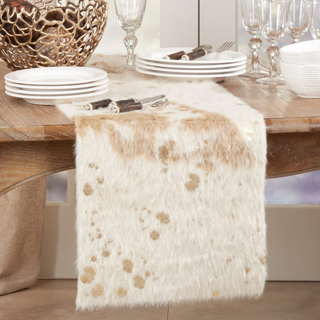 Fennco Styles Gold Metallic Faux Cowhide Table Runner 16" W x 72" L – Ivory Table Cover for Banquets, Family Gatherings,Special Events, Home Décor