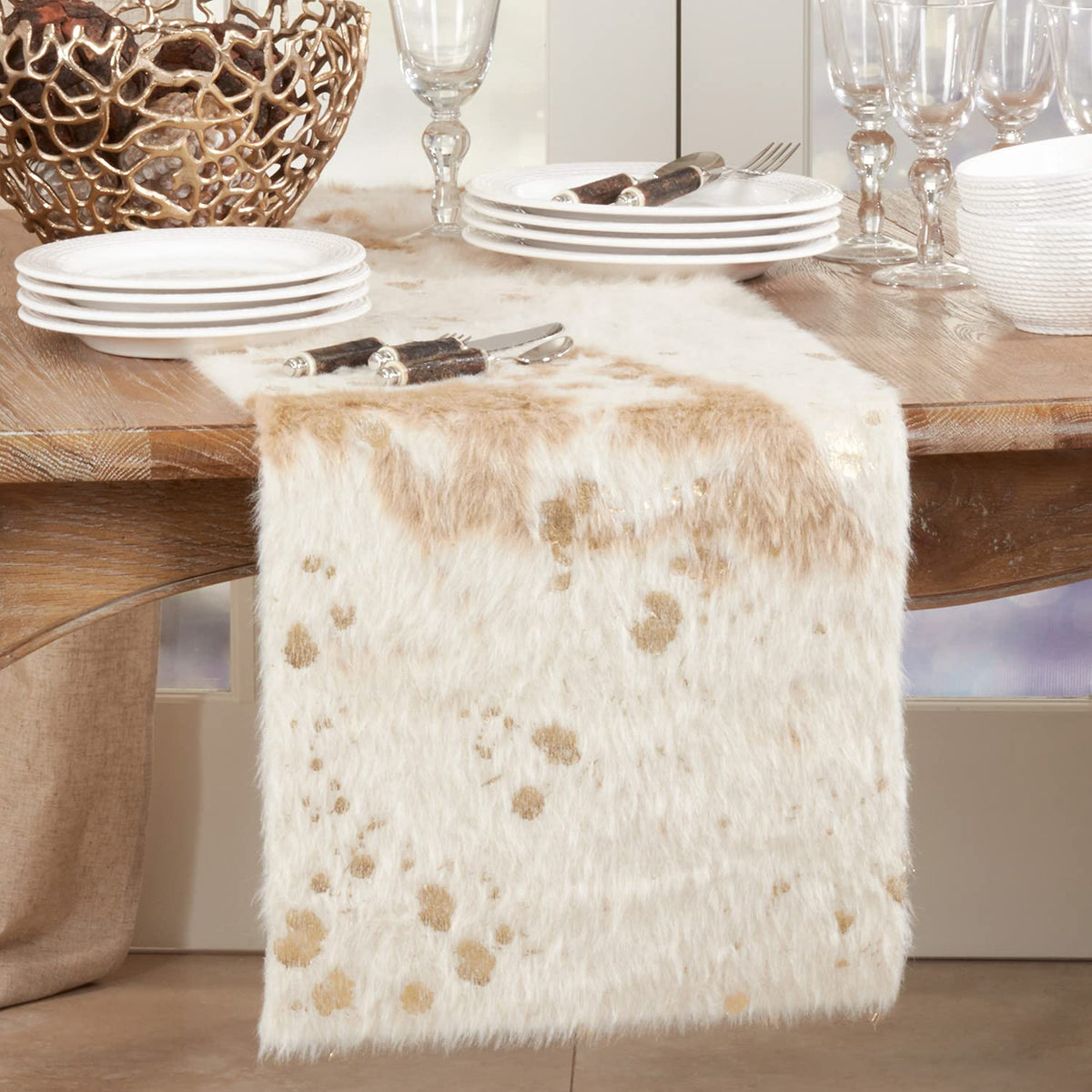 Fennco Styles Gold Metallic Faux Cowhide Table Runner 16" W x 72" L – Ivory Table Cover for Banquets, Family Gatherings,Special Events, Home Décor