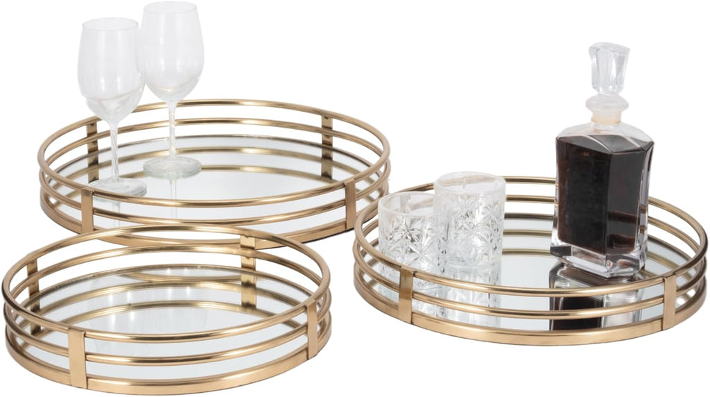 Set of 3 Round Mirrored Trays, Gold Metal Frame Decorative Serving & Vanity Trays, 14" 16" 18", Glam Home Decor