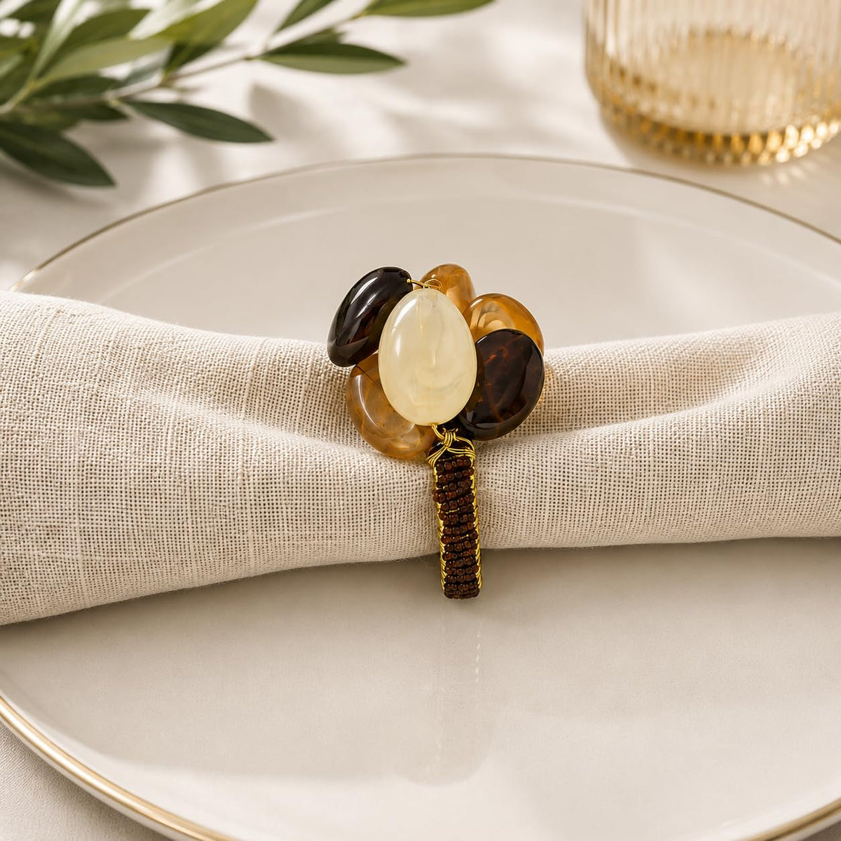Fennco Styles Brown Gemstone Beaded Napkin Rings, Set of 4 - Handmade Decorative Napkin Holders