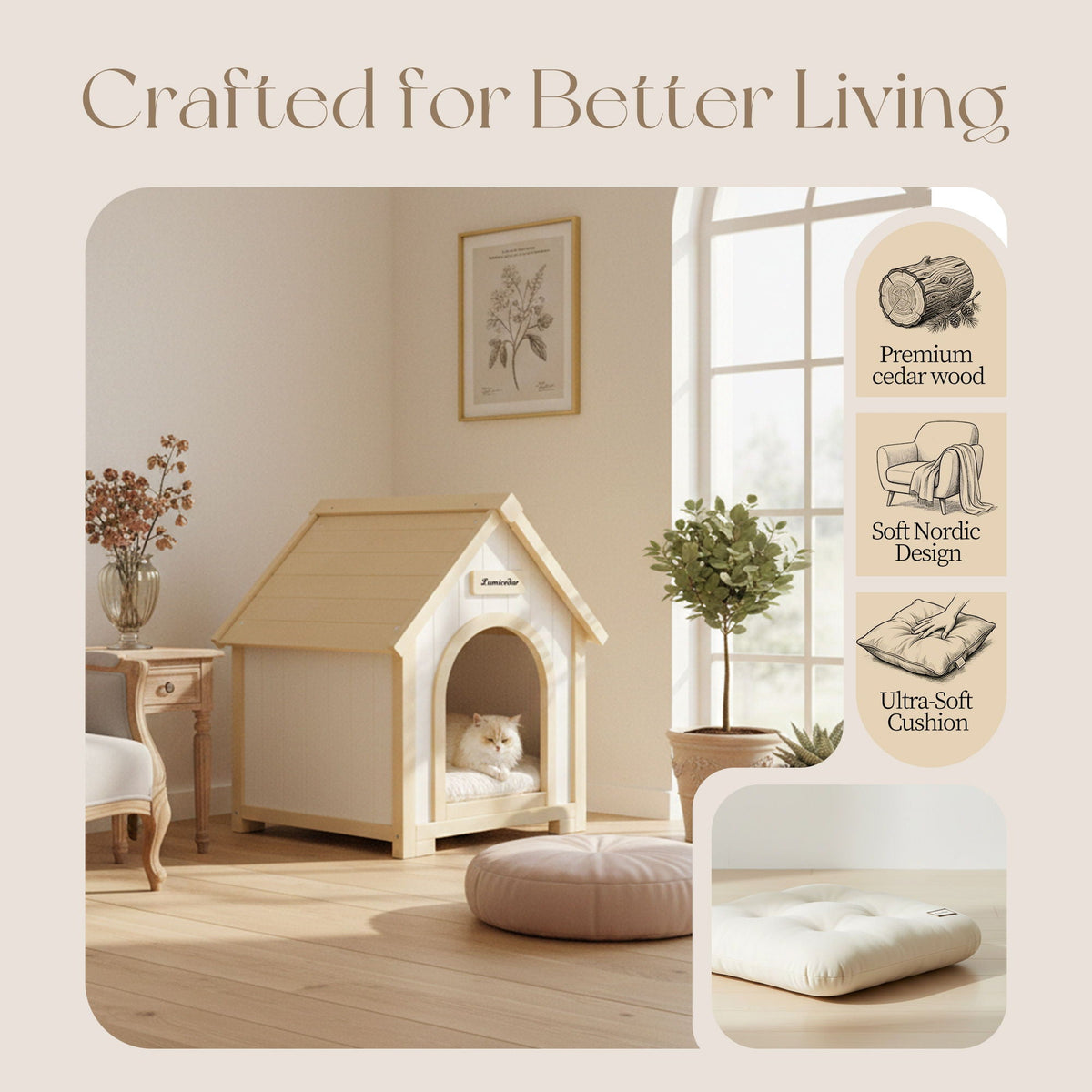 Indoor Dog House With Cushion Pet House For Small Dogs & Cats - Creamy White / Light Yellow