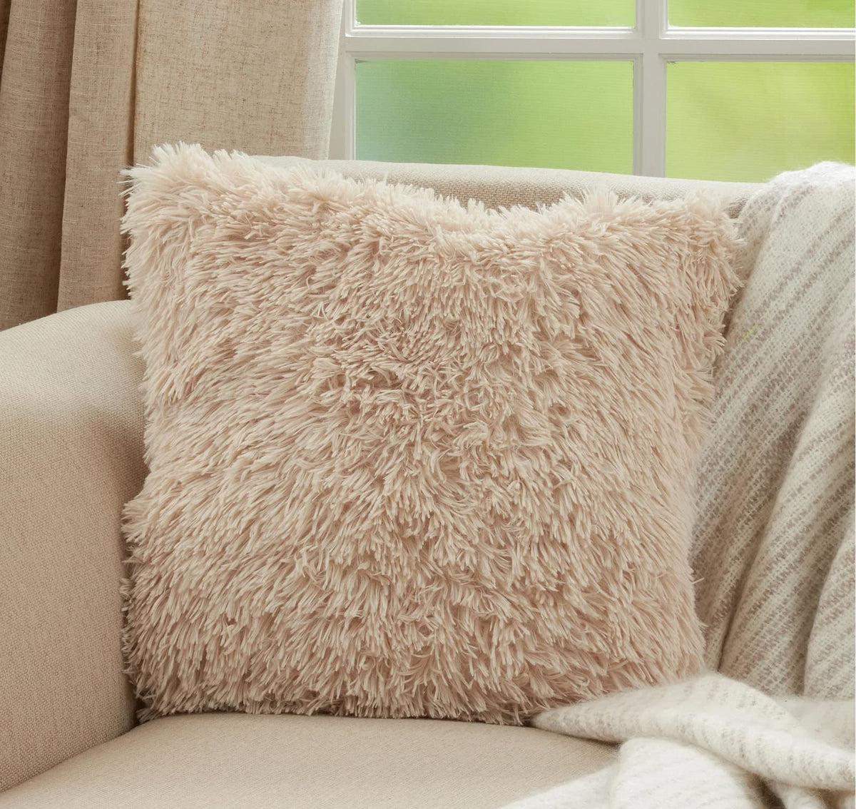 Fennco Styles Classic Faux Fur Decorative Throw Pillow Cover 18 x 18 Inch - Ivory Plush Cushion Case