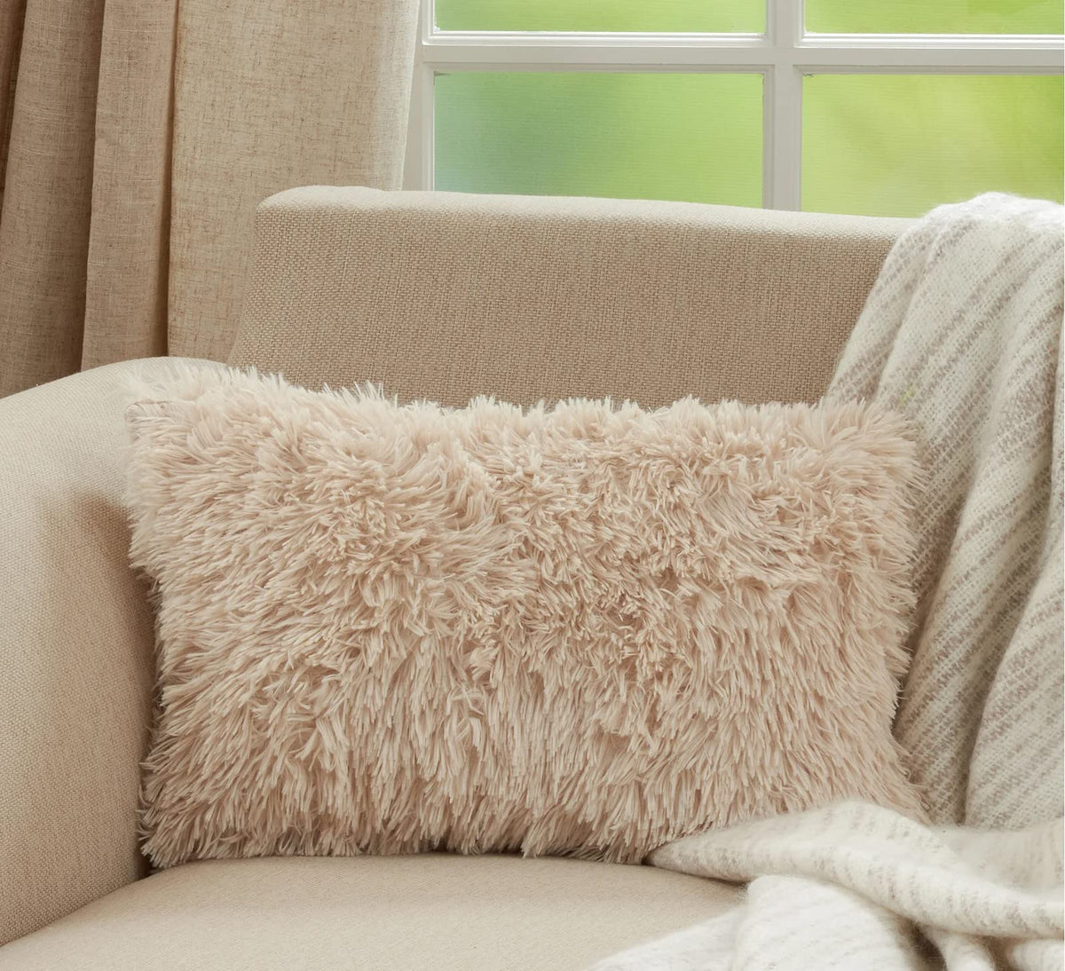 Fennco Styles Classic Faux Fur Decorative Throw Pillow Cover 18 x 18 Inch - Ivory Plush Cushion Case
