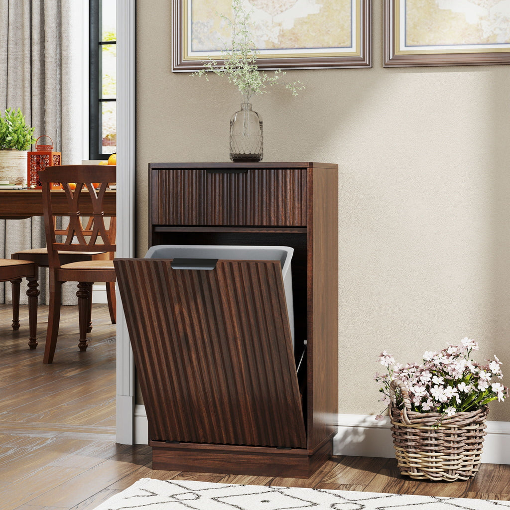Tilt Out Trash Can Cabinet With Wave Textured Drawer & Pull Out Bin