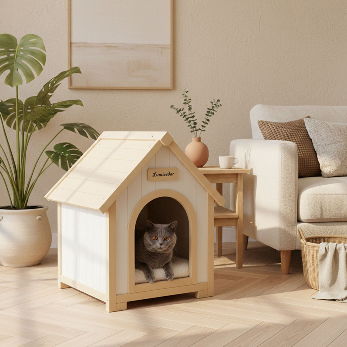 Indoor Dog House With Cushion Pet House For Small Dogs & Cats - Creamy White / Light Yellow