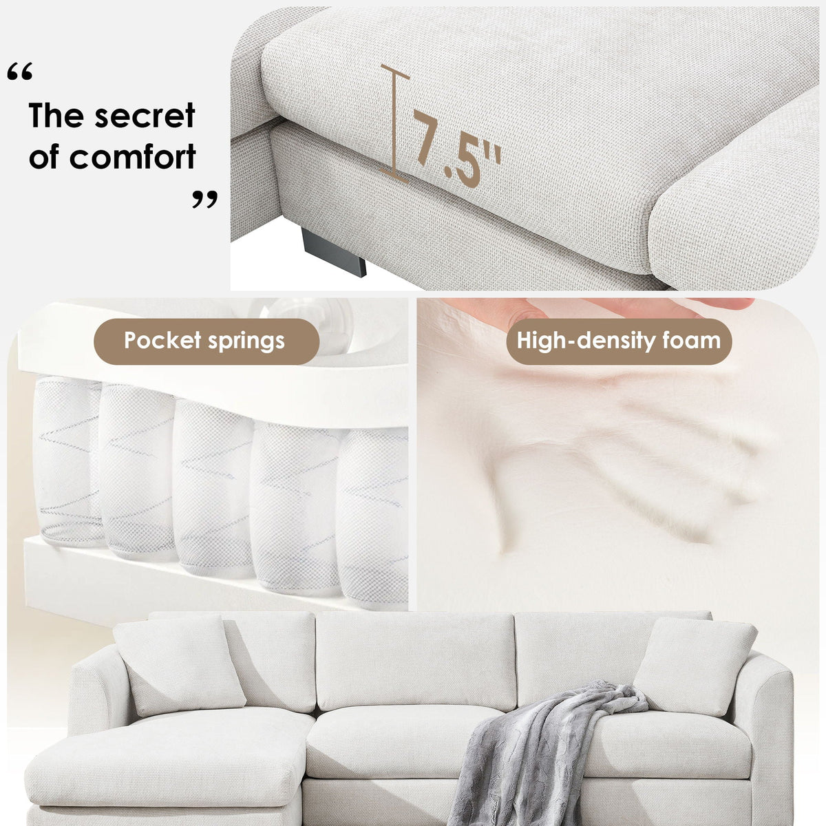 Modern Cloud Sectional Sofa L Shaped Luxury Couch Set With 2 Free Pillows 4 Seat With Oversized Chaise