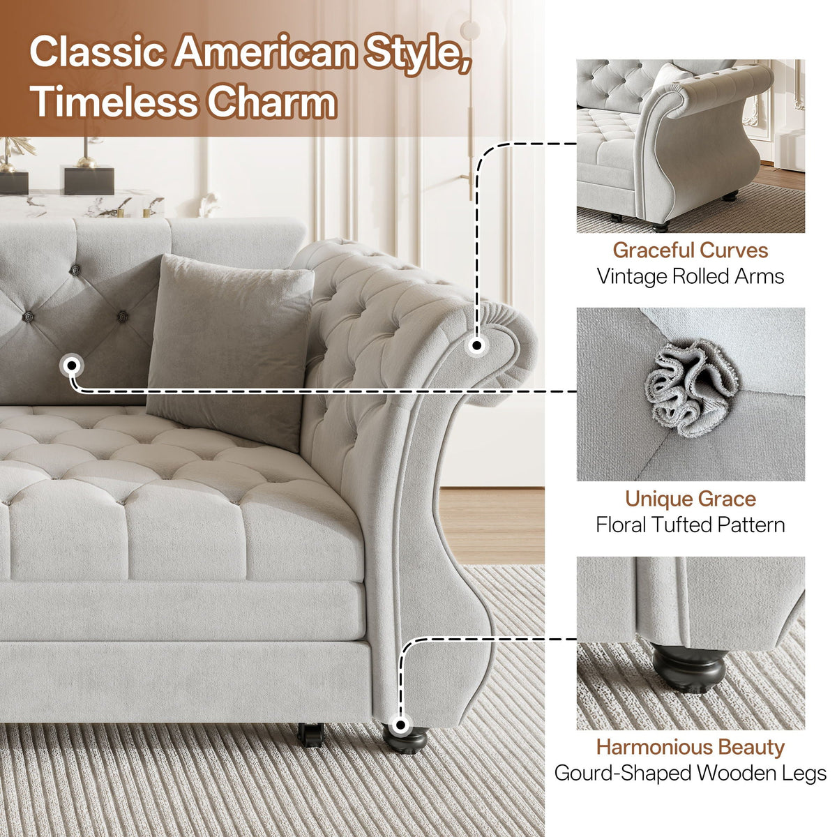 Oversized Chesterfield Pull Out Sofa Bed, Roll Arm Couch With Flower Tufting For Living Room