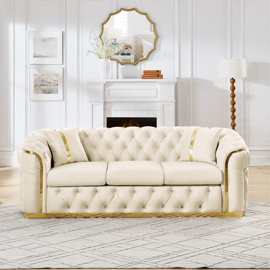 Button Tufted Couch With 2 Pillows, 3 Seater Luxury Chesterfield Sofa
