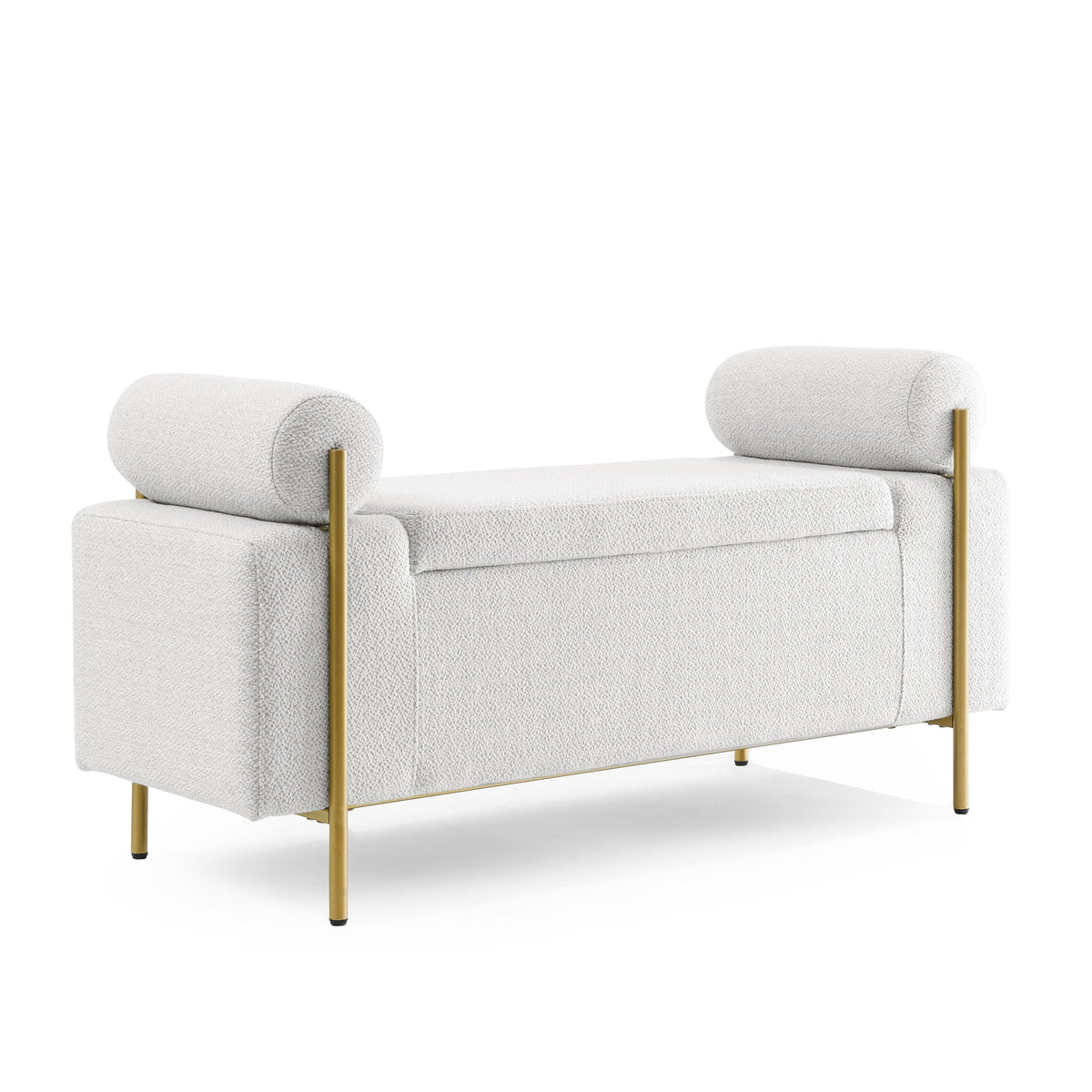 Elegant Upholstered Storage Bench With Cylindrical Arms And Iron Legs,
