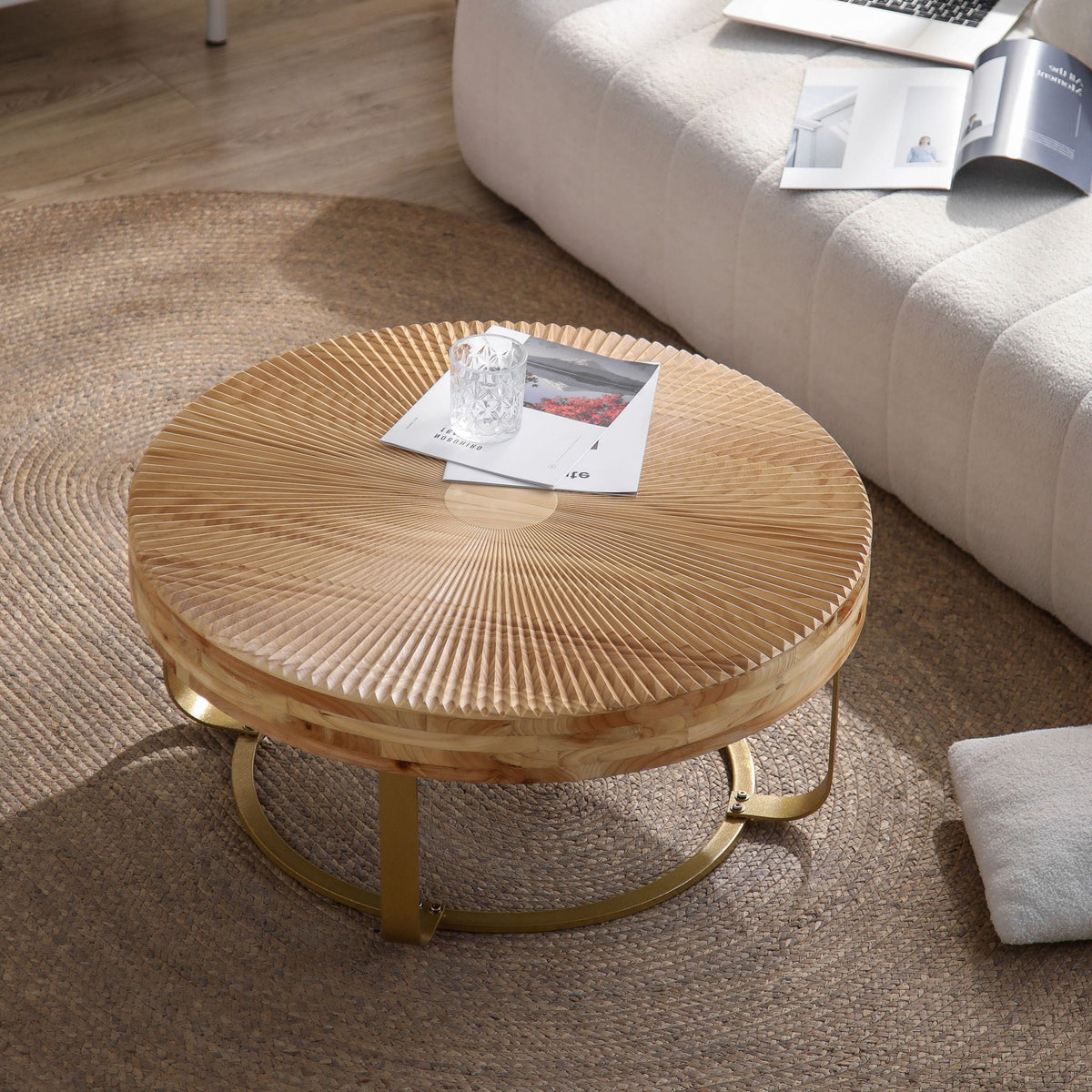 Modern Round Coffee Table With Wooden Carving Pattern
