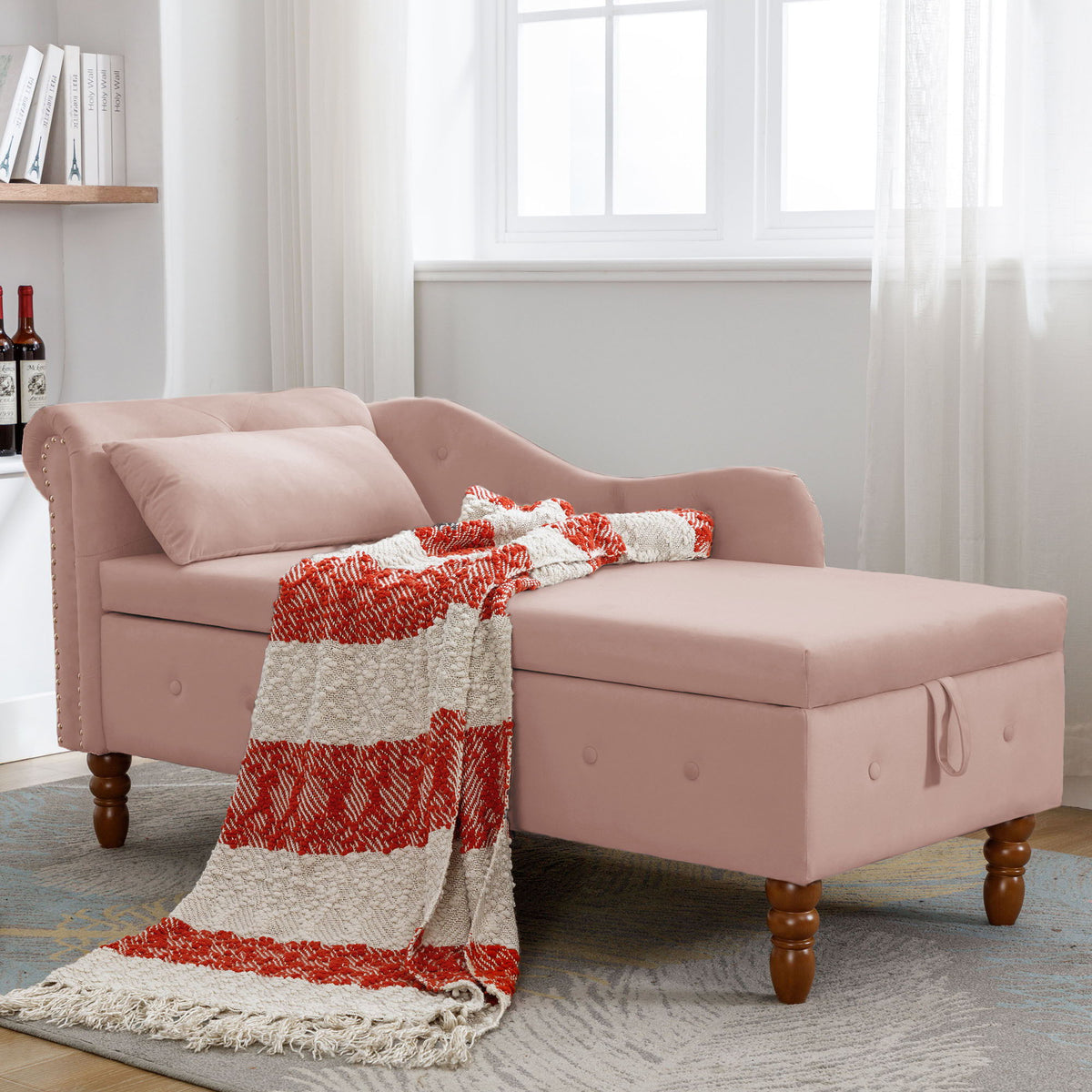 Chaise Lounge Indoor, Lounge Chair For Bedroom With Storage & Pillow, Modern Upholstered Rolled Arm Chase Lounge For Sleeping With Nailhead Trim For Living Room Bedroom Office
