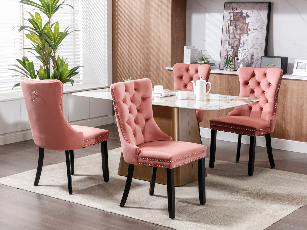 High-end Tufted Solid Wood Contemporary Velvet Upholstered Dining Chair with Wood Legs Nailhead Trim 2-Pcs Set Pink