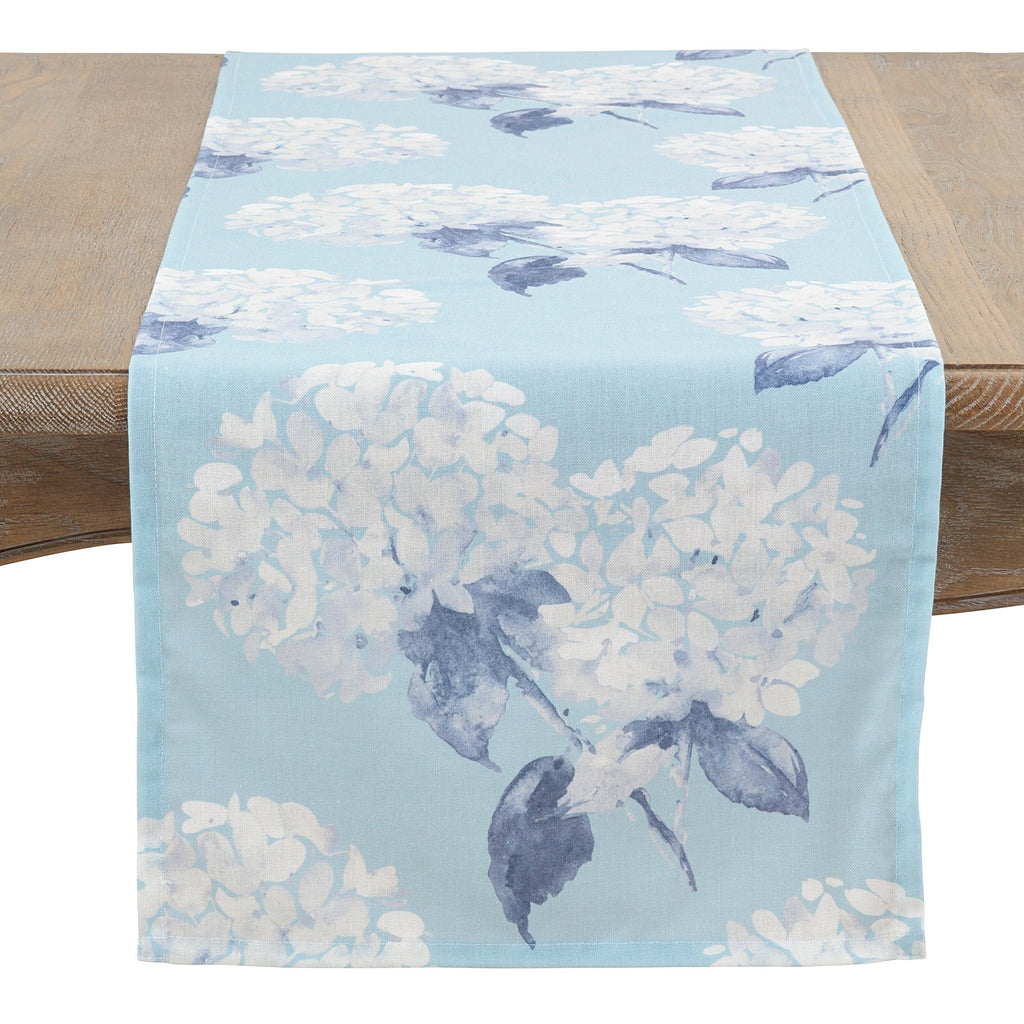 Fennco Styles Aqua Hydrangea Printed Table Runner 16" W x 54" L - Floral Design Table Cover