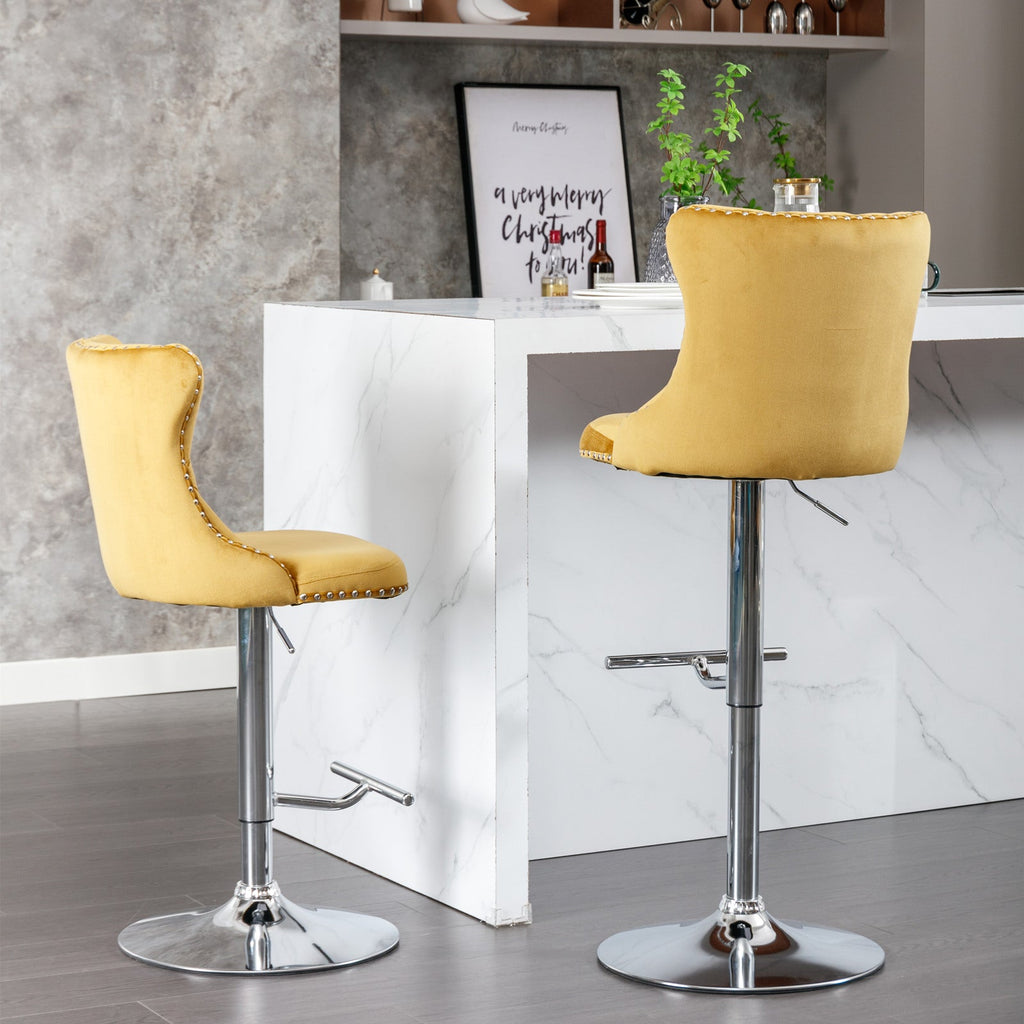 25-33 Inch, Modern Upholstered Chrome base Bar Stools with Backs Comfortable Tufted for Home Pub and Kitchen Island（Gold,Set of