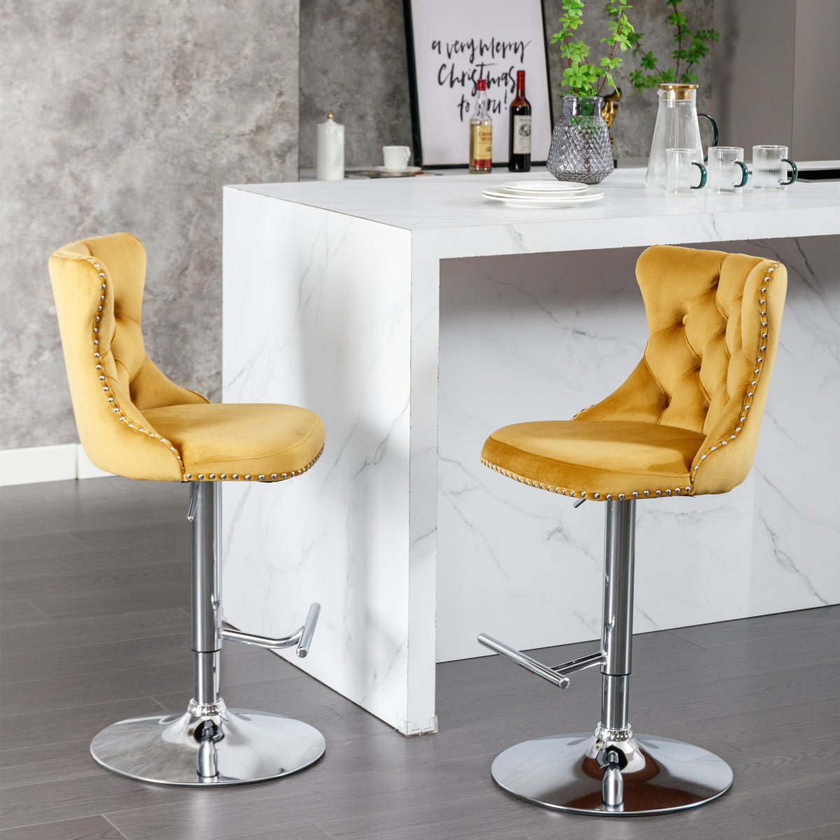 25-33 Inch, Modern Upholstered Chrome base Bar Stools with Backs Comfortable Tufted for Home Pub and Kitchen Island（Gold,Set of